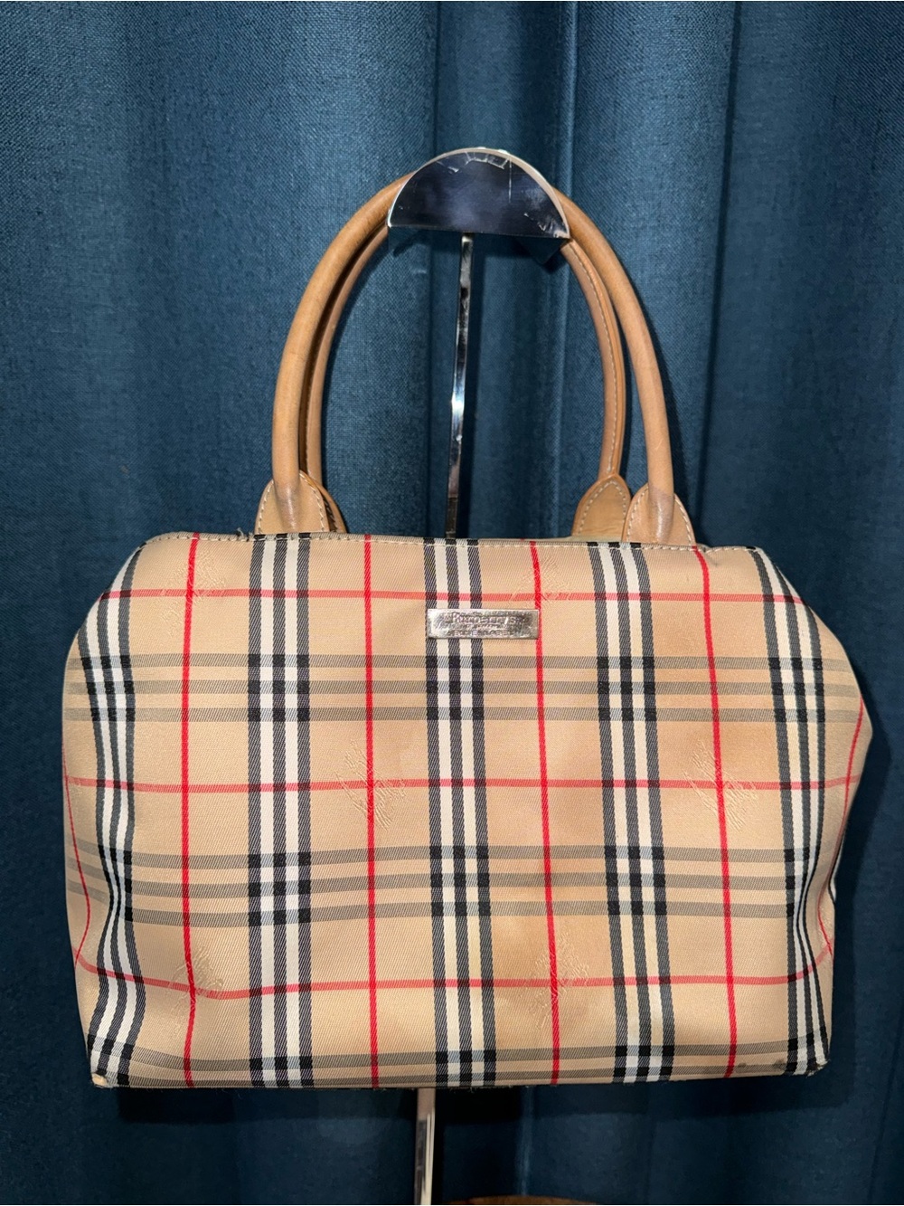 Burberry Beige Check Satchel with Tan Handles